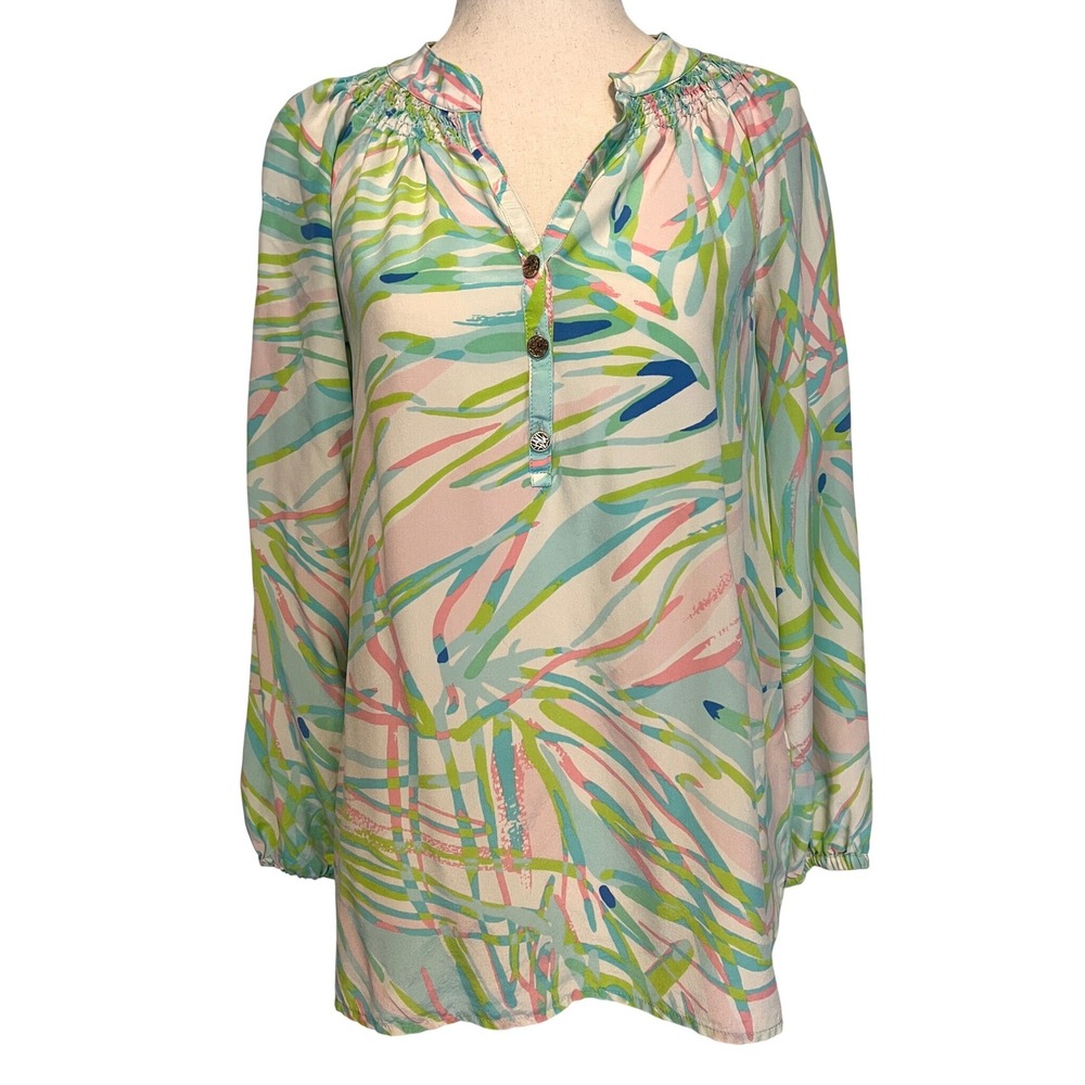 Lilly Pulitzer Women's S Elsa Long Sleeve Silk Top Skye Blue Salute Green Pink